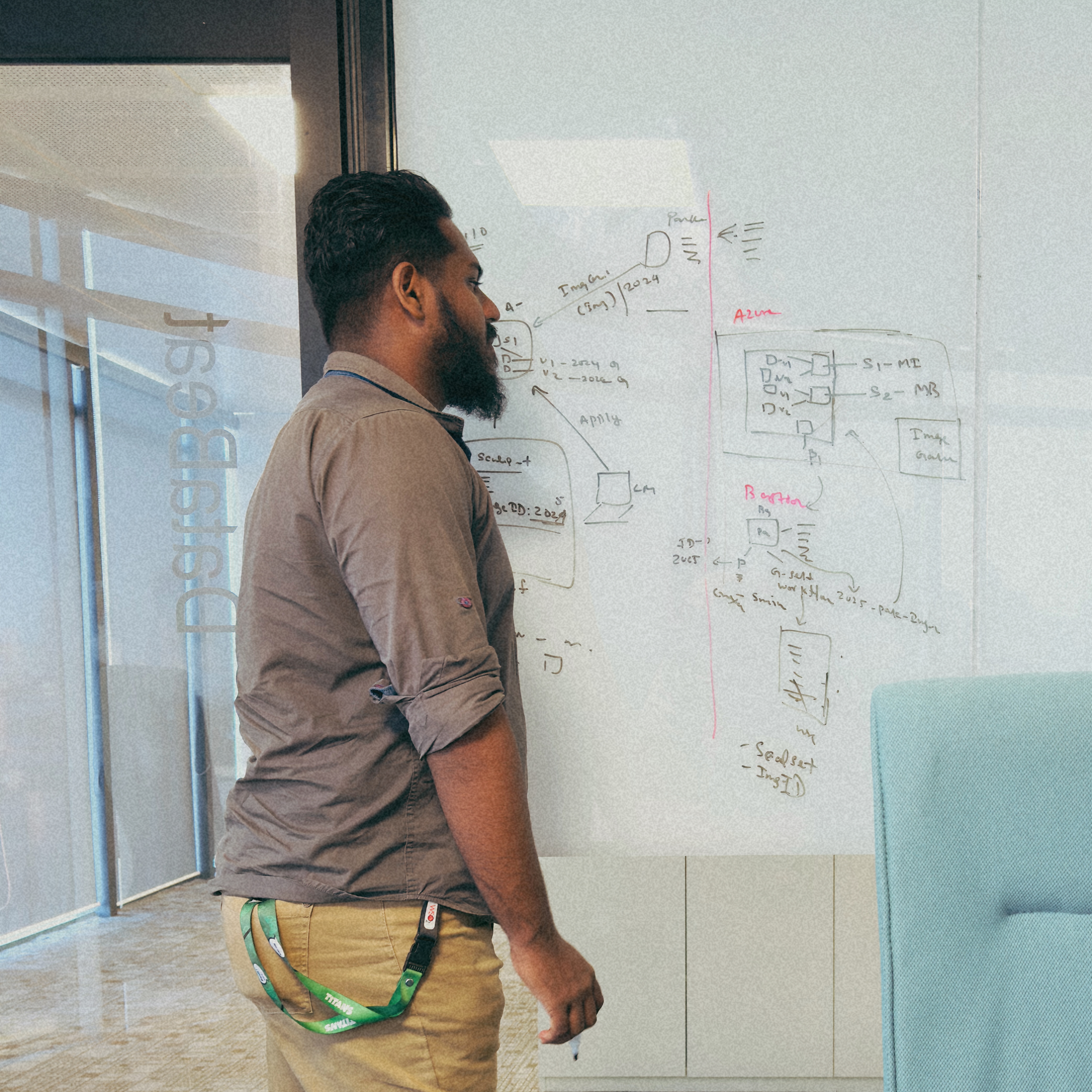 Minura Kariyawasam working on architecture design at whiteboard